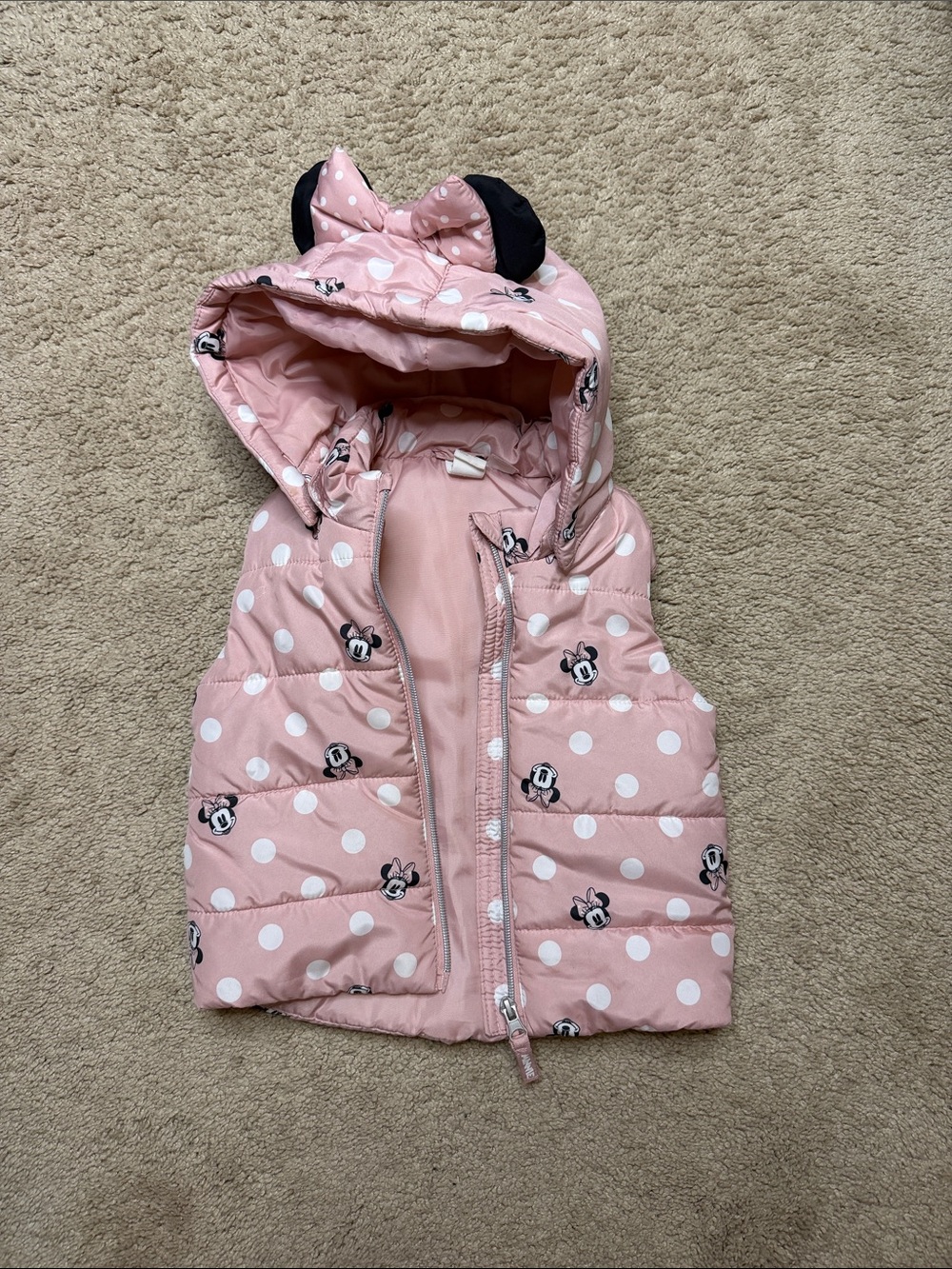 H&M Light Pink Minnie Mouse Disney Polka Dot Hooded Puffer Vest
